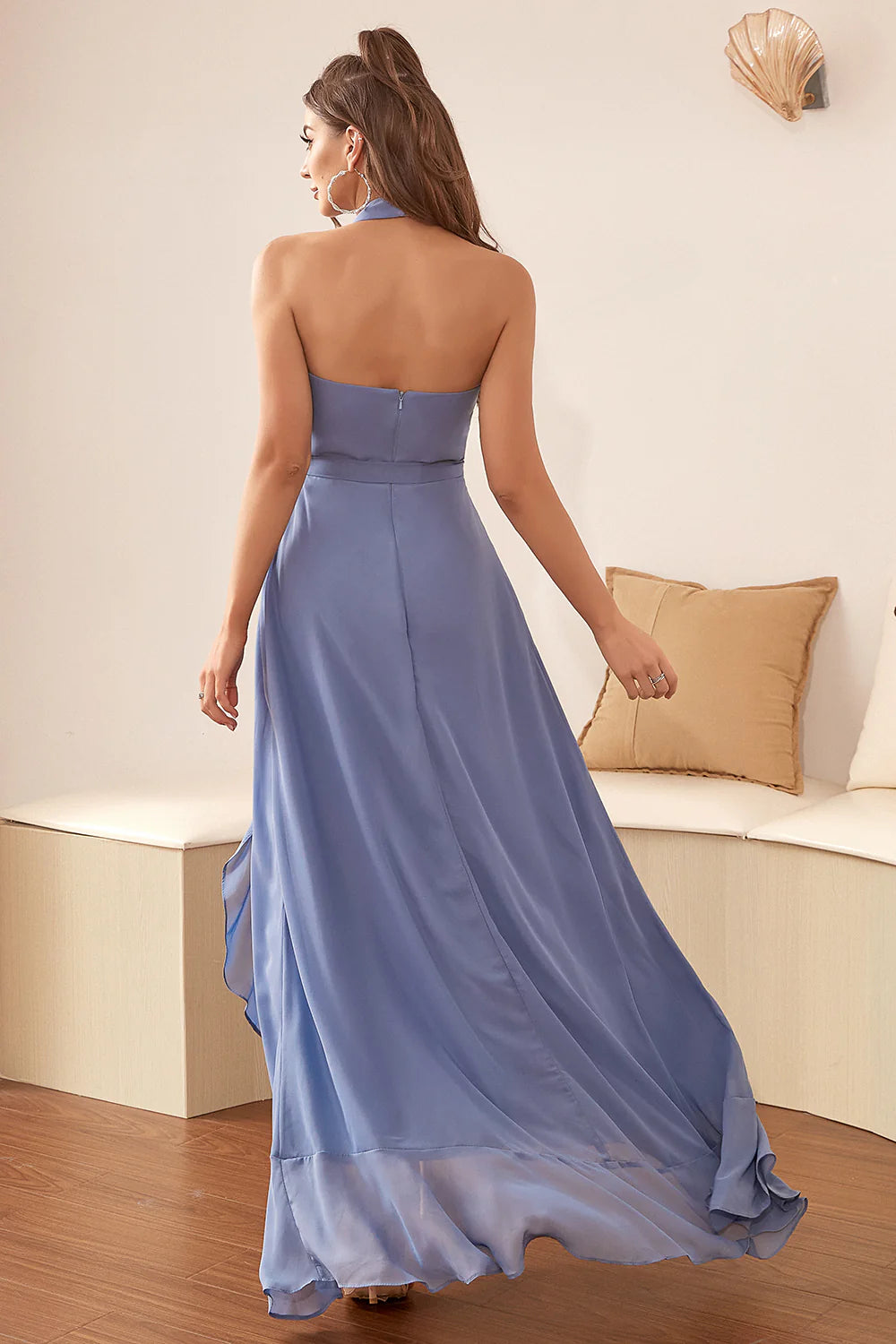 Fashion A-Line Halter-Neck Sleeveless Chiffon Sweep/Brush Train Prom Dress