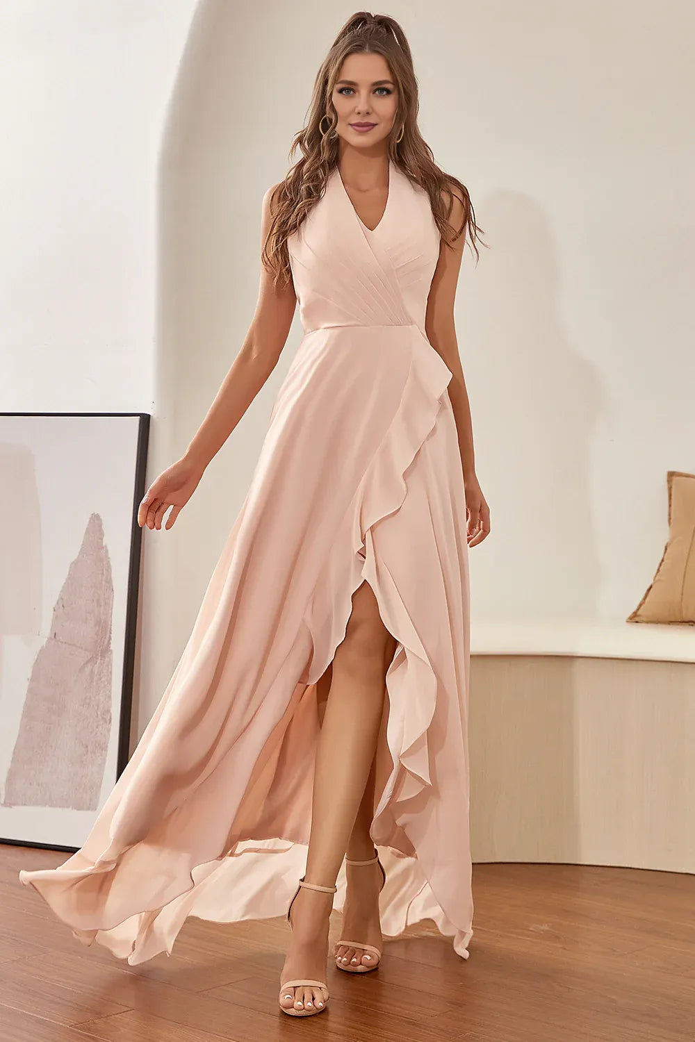 Fashion A-Line Halter-Neck Sleeveless Chiffon Sweep/Brush Train Prom Dress