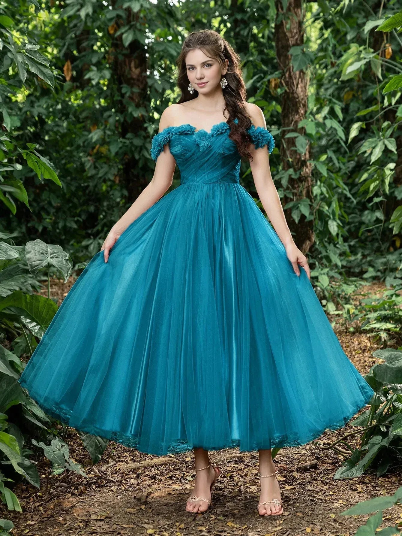 Trendy A-Line Off Shoulder Sleeveless Lace Up Ankle-Length Prom Dress