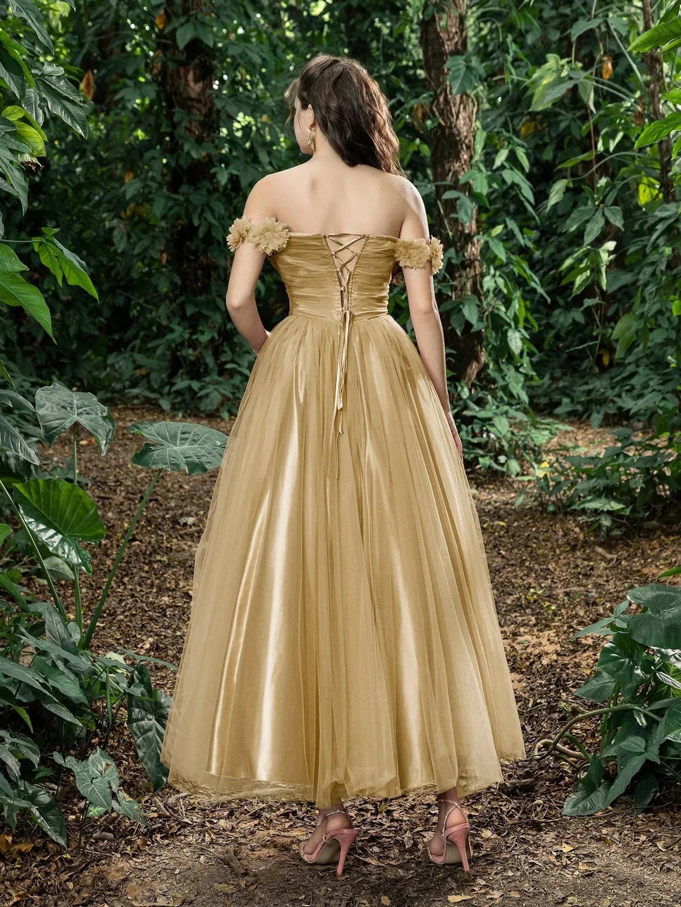 Trendy A-Line Off Shoulder Sleeveless Lace Up Ankle-Length Prom Dress