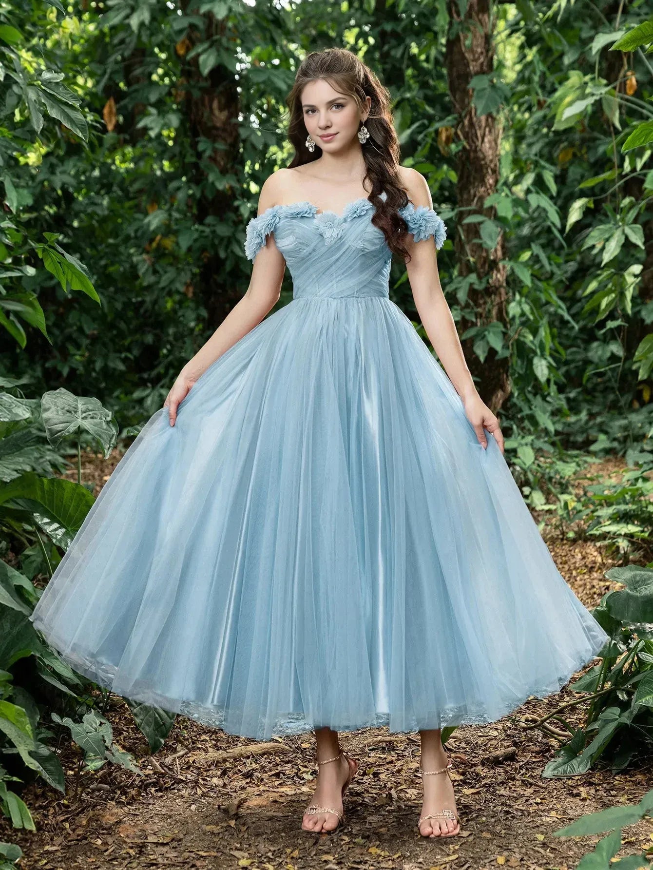 Fashion A-Line Off Shoulder Sleeveless Lace Up Ankle-Length Prom Dress