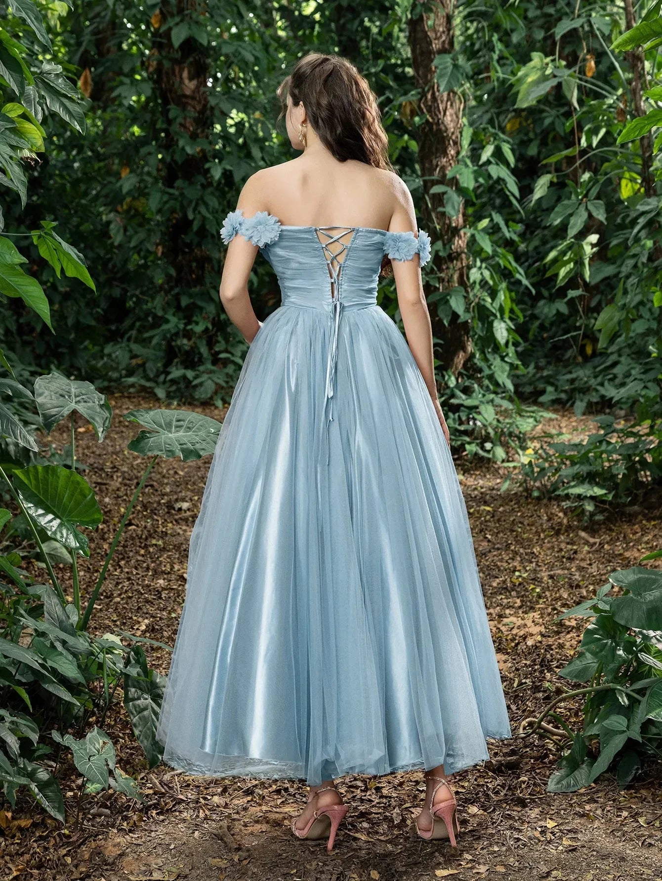 Fashion A-Line Off Shoulder Sleeveless Lace Up Ankle-Length Prom Dress