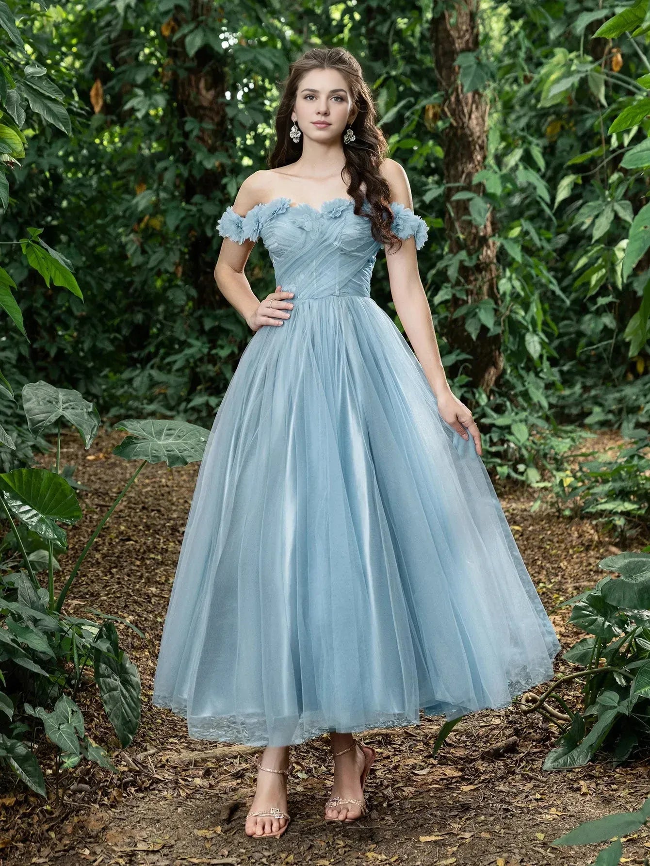 Fashion A-Line Off Shoulder Sleeveless Lace Up Ankle-Length Prom Dress