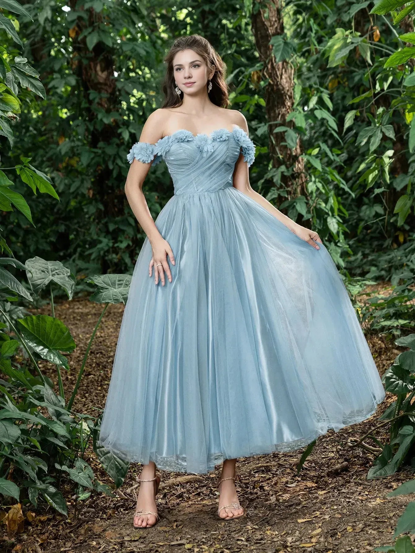 Fashion A-Line Off Shoulder Sleeveless Lace Up Ankle-Length Prom Dress