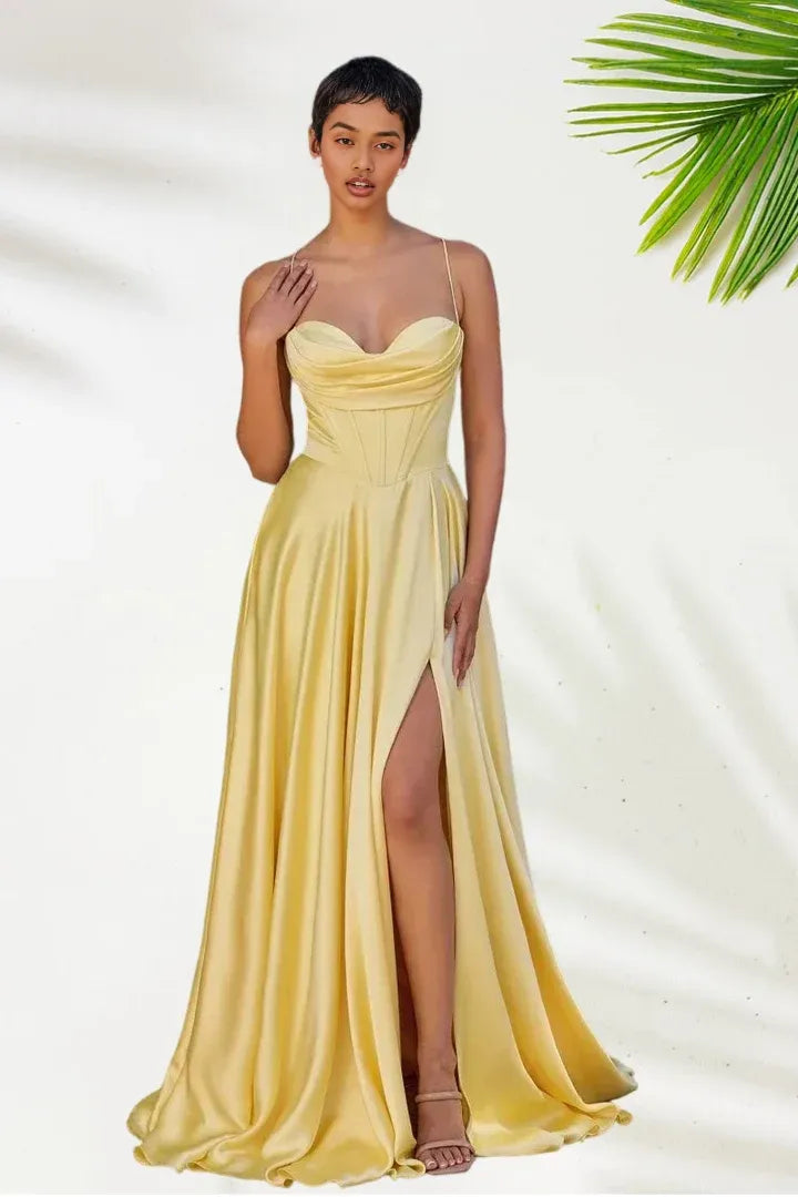 Fashion A-Line Spaghetti Straps Sleeveless Satin Floor-Length Prom Dress