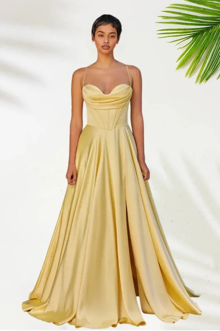 Fashion A-Line Spaghetti Straps Sleeveless Satin Floor-Length Prom Dress