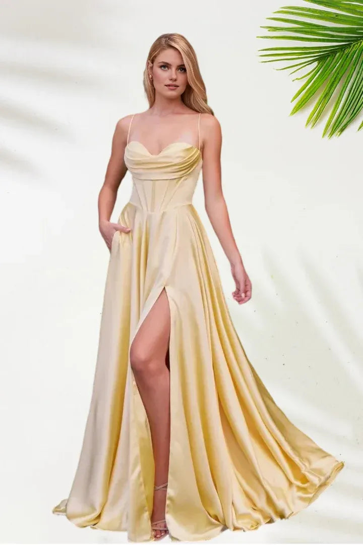 Fashion A-Line Spaghetti Straps Sleeveless Satin Floor-Length Prom Dress