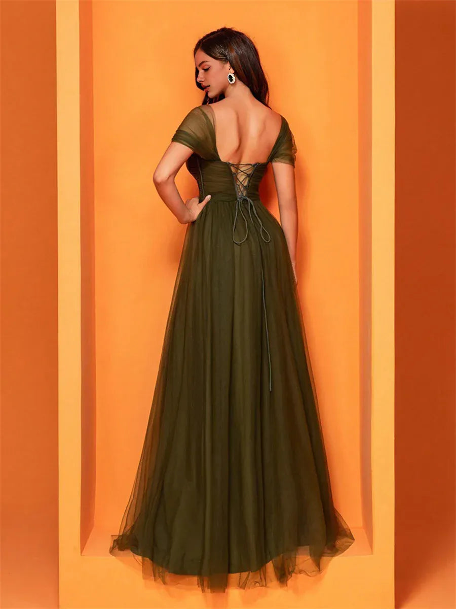 Fashion A-Line Square-neck Cap Sleeve Lace Up Floor-Length Prom Dress