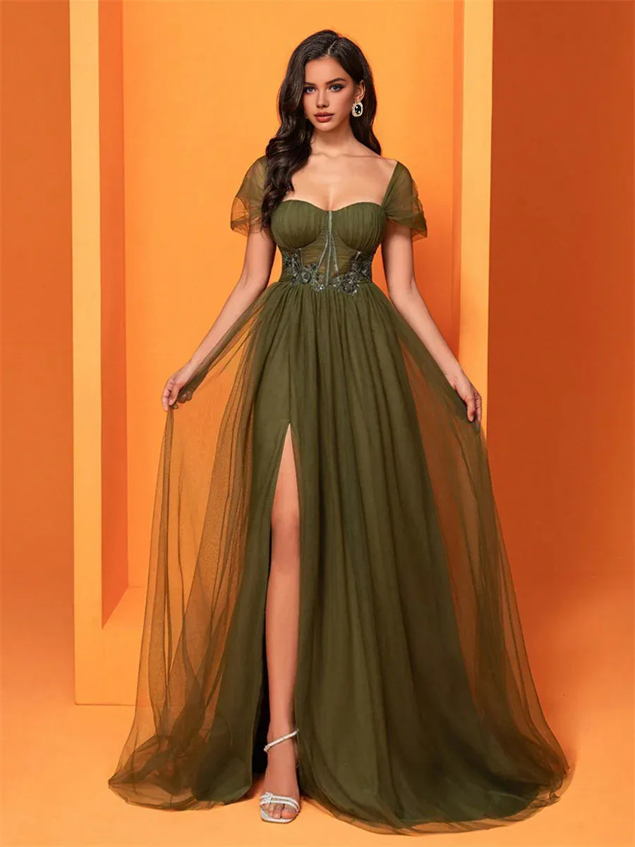 Fashion A-Line Square-neck Cap Sleeve Lace Up Floor-Length Prom Dress