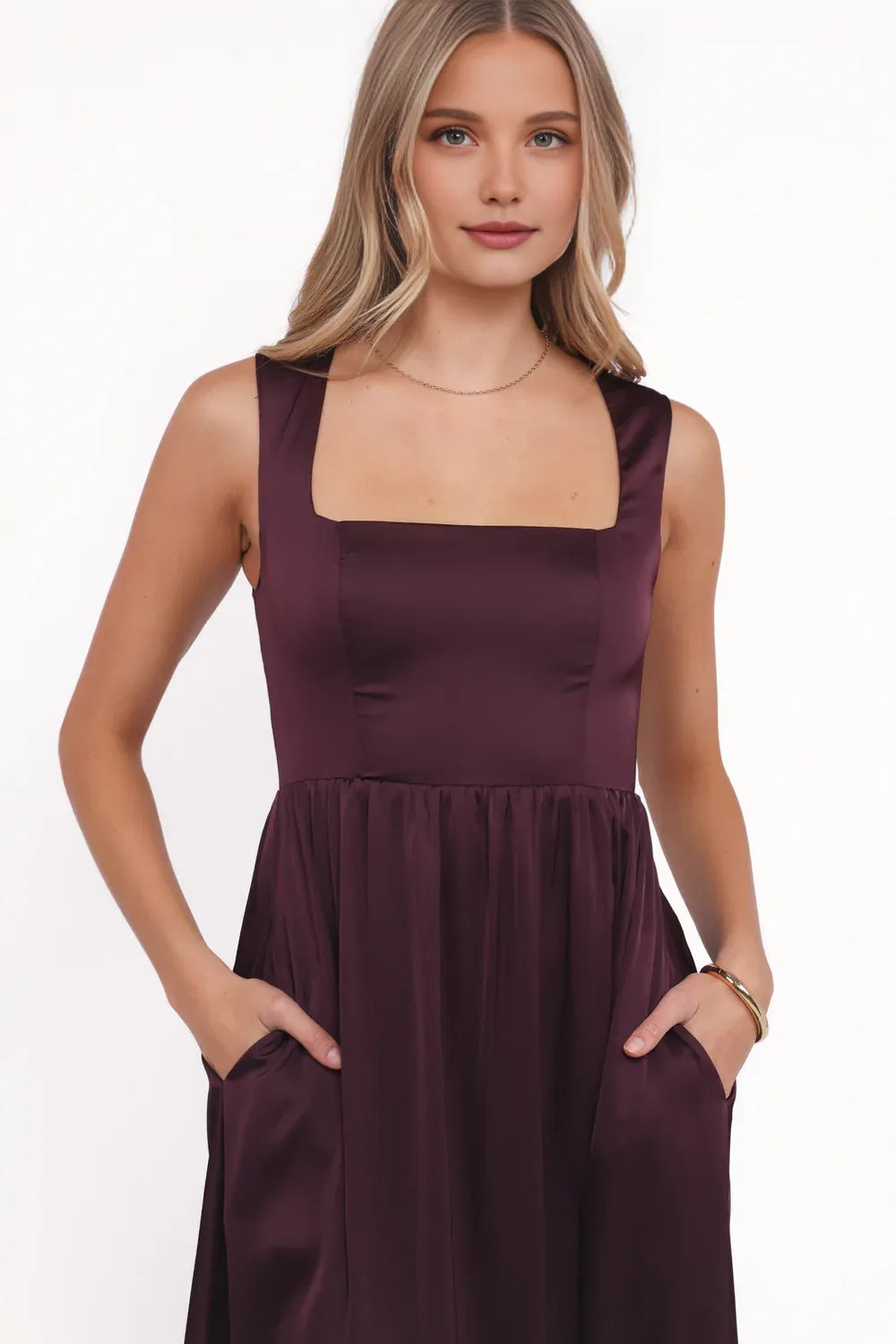 Fashion A-Line Square Neck Sleeveless Satin Floor-Length Prom Dress