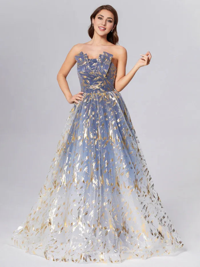 Fashion A-Line Strapless Sleeveless Lace Up Sweep/Brush Train Prom Dress