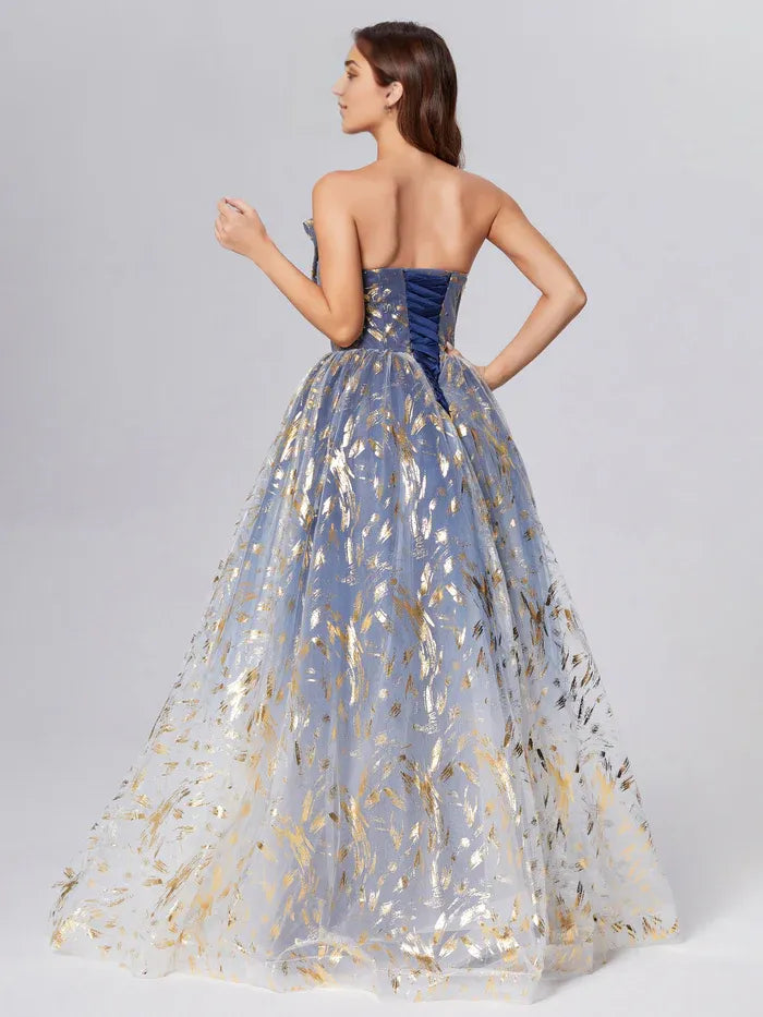 Fashion A-Line Strapless Sleeveless Lace Up Sweep/Brush Train Prom Dress