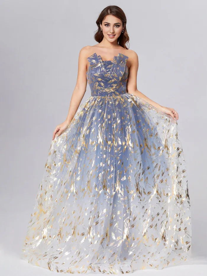 Fashion A-Line Strapless Sleeveless Lace Up Sweep/Brush Train Prom Dress