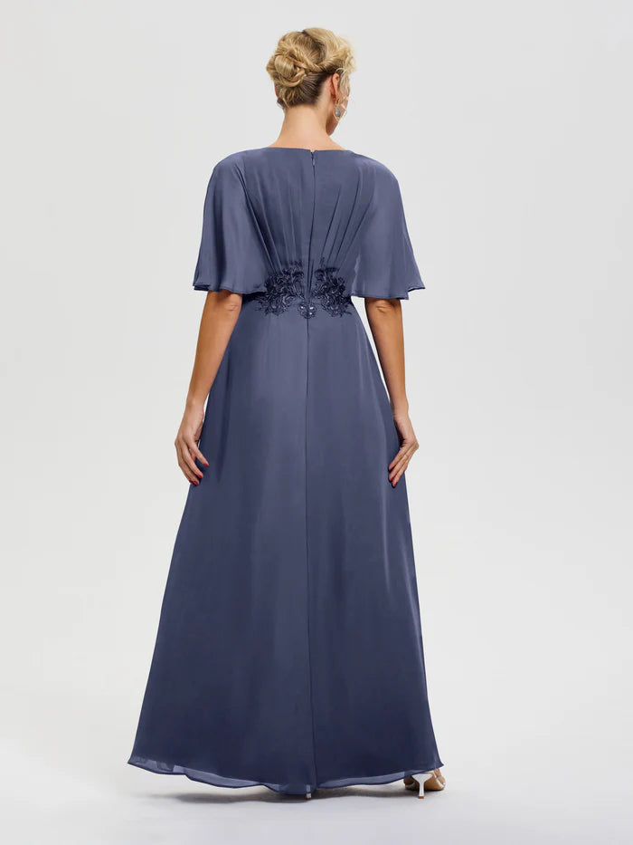 Fashion A-Line V-Neck Half Sleeves Chiffon Floor-Length Mother of the Bride Dress