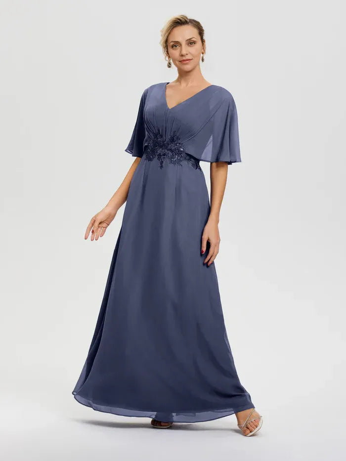 Fashion A-Line V-Neck Half Sleeves Chiffon Floor-Length Mother of the Bride Dress