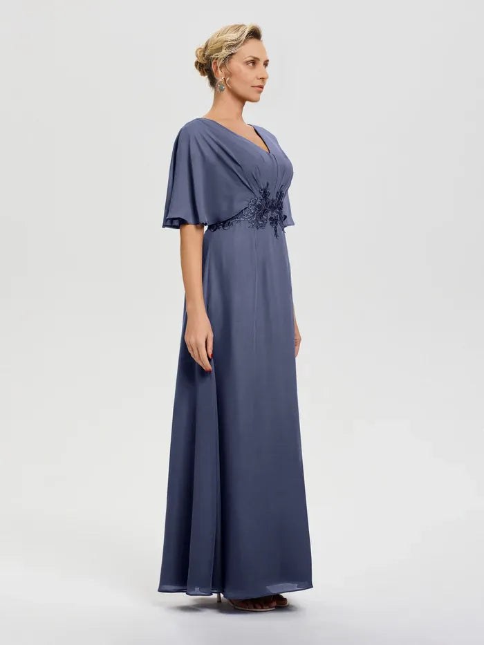 Fashion A-Line V-Neck Half Sleeves Chiffon Floor-Length Mother of the Bride Dress