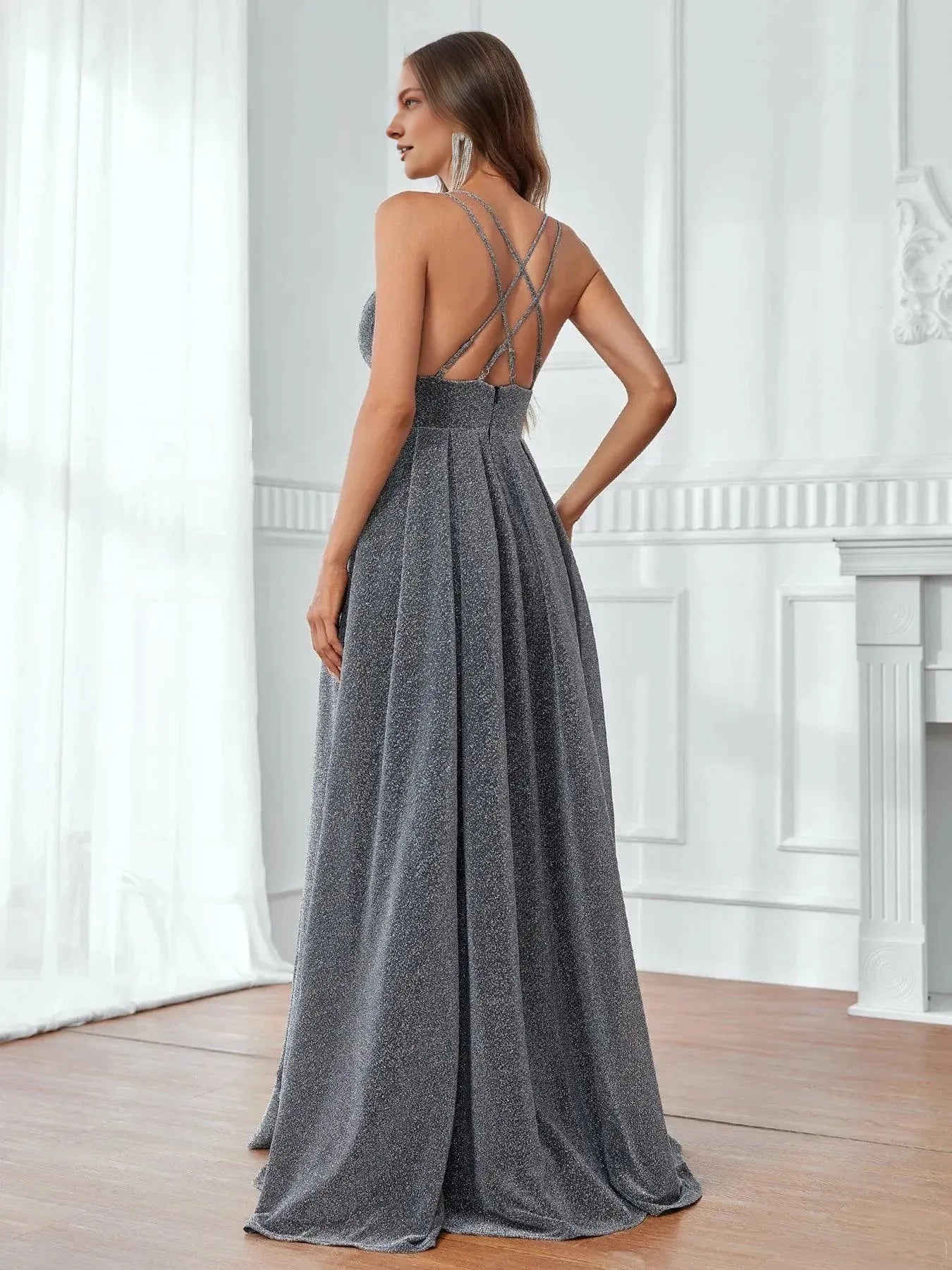 Fashion A-Line V Neck Sleeveless Backless Floor-Length Prom Dress