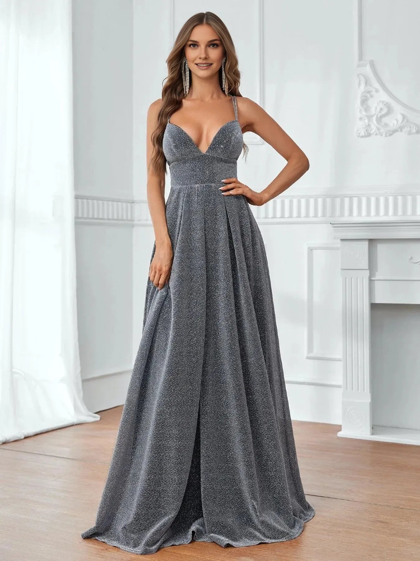 Fashion A-Line V Neck Sleeveless Backless Floor-Length Prom Dress