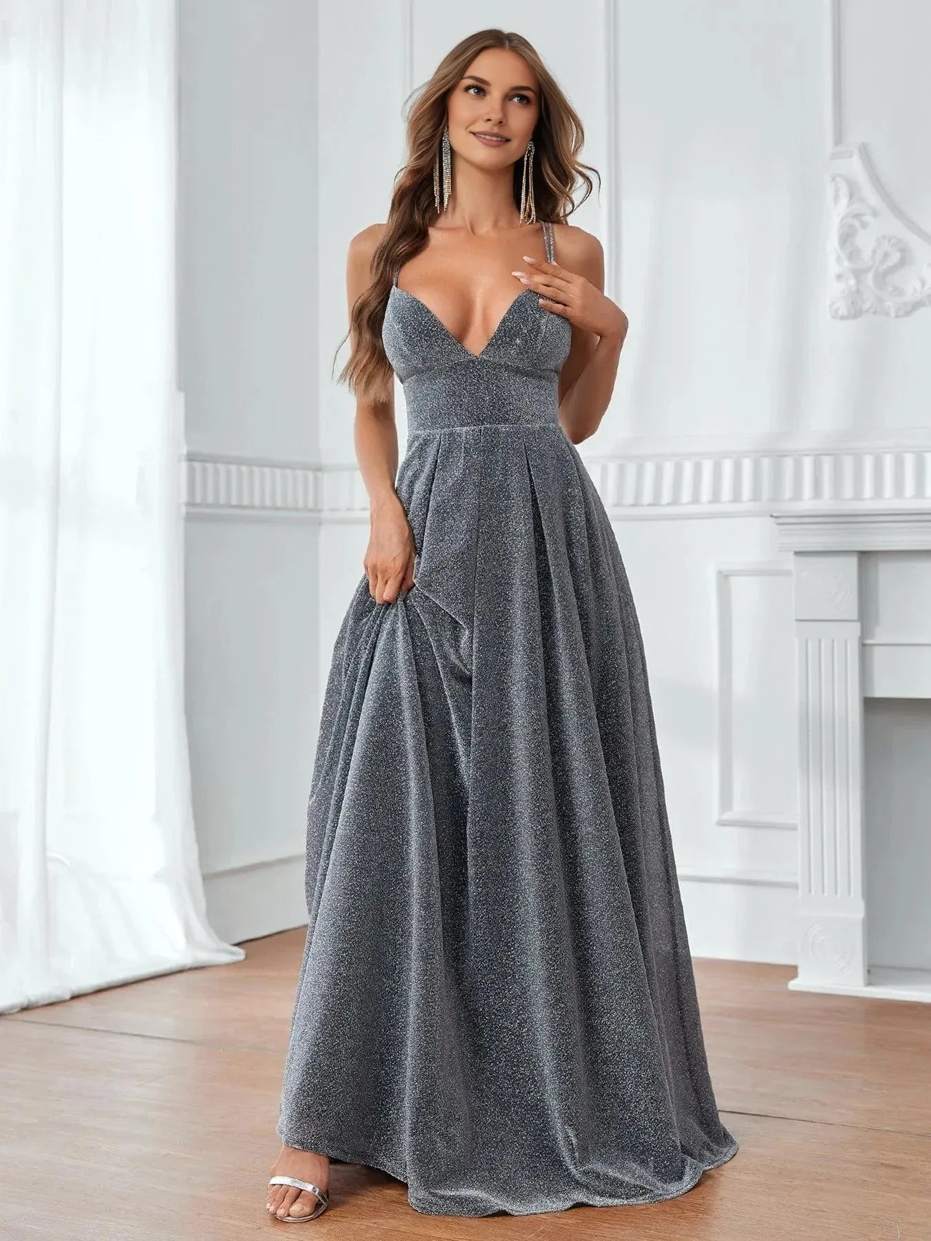 Fashion A-Line V Neck Sleeveless Backless Floor-Length Prom Dress