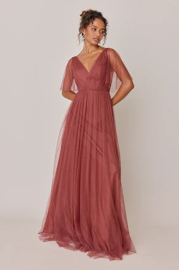 Fashion A-Line V Neck Sleeveless Tulle Floor-Length Prom Dress