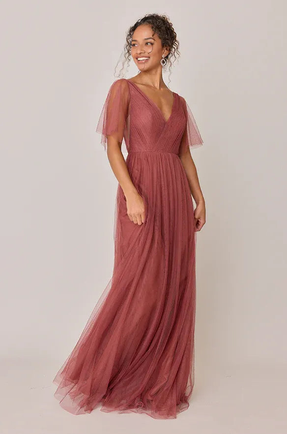 Fashion A-Line V Neck Sleeveless Tulle Floor-Length Prom Dress