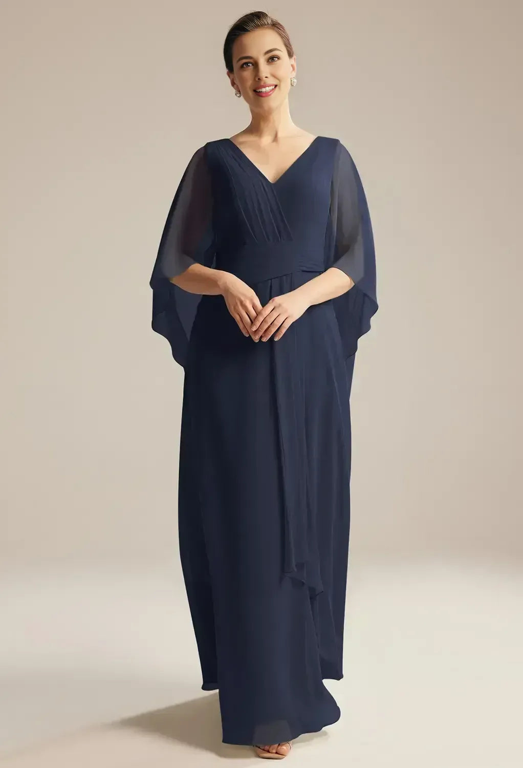 Fashion A-line V Neck Butterfly Sleeves Pleated Chiffon Floor Length Mother of the Bride Dress