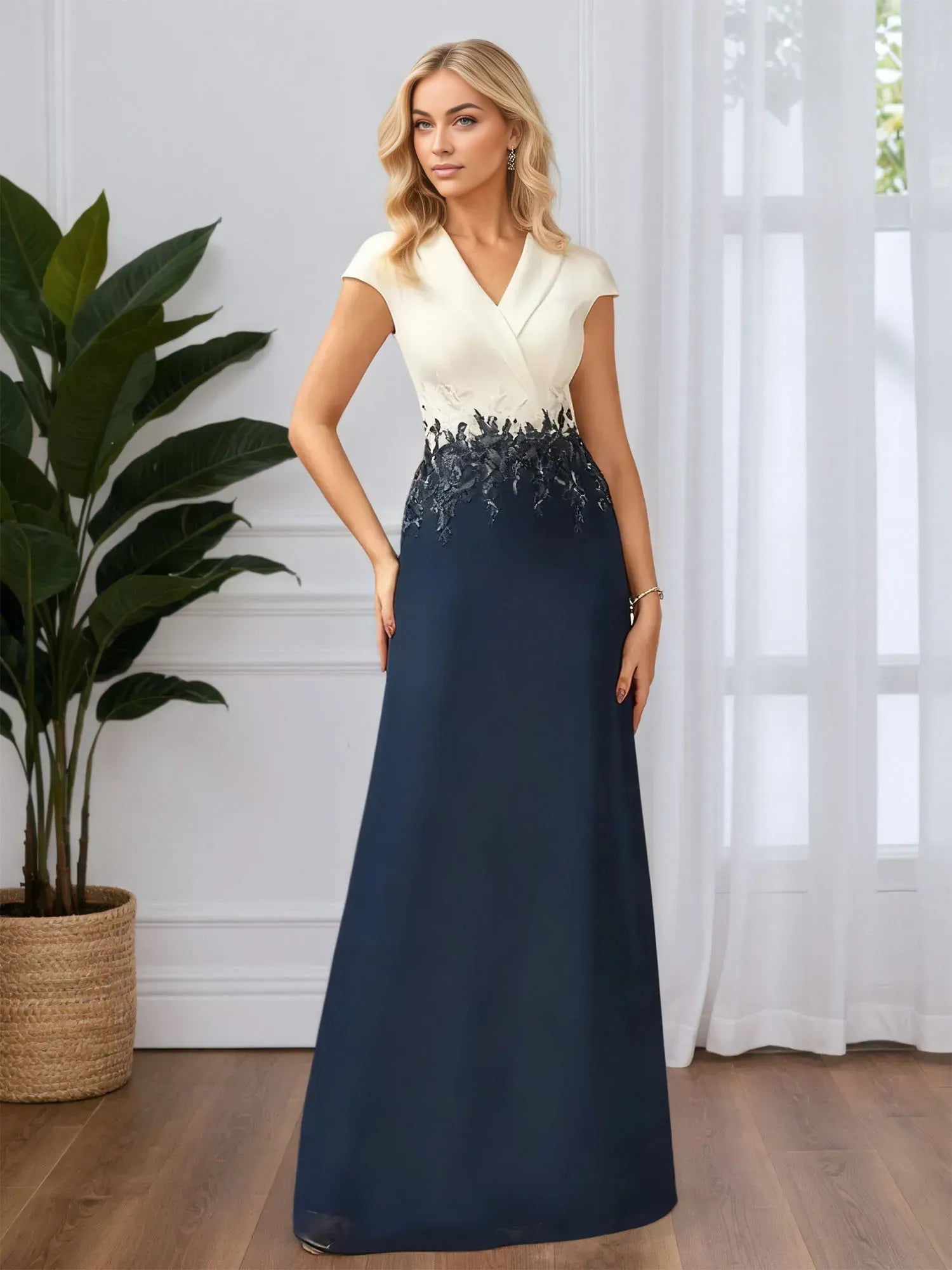Fashion A-line V Neck Sleeveless Chiffon Appliques Floor-Length Mother of the Bride Dress