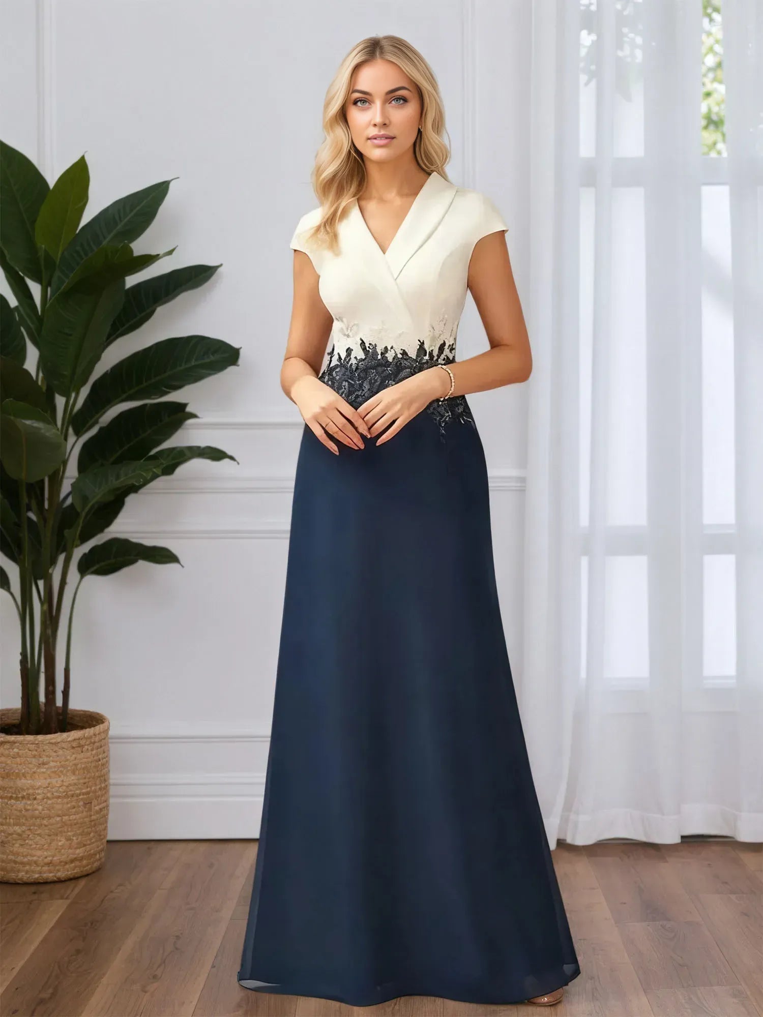 Fashion A-line V Neck Sleeveless Chiffon Appliques Floor-Length Mother of the Bride Dress