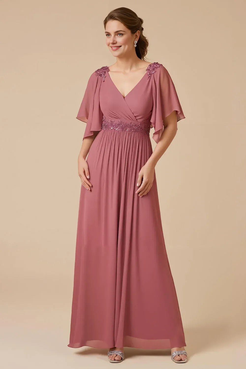 Fashion A Line Flutter Sleeve V Neck Chiffon Appliques Floor-Length Mother Of The Bride Dress