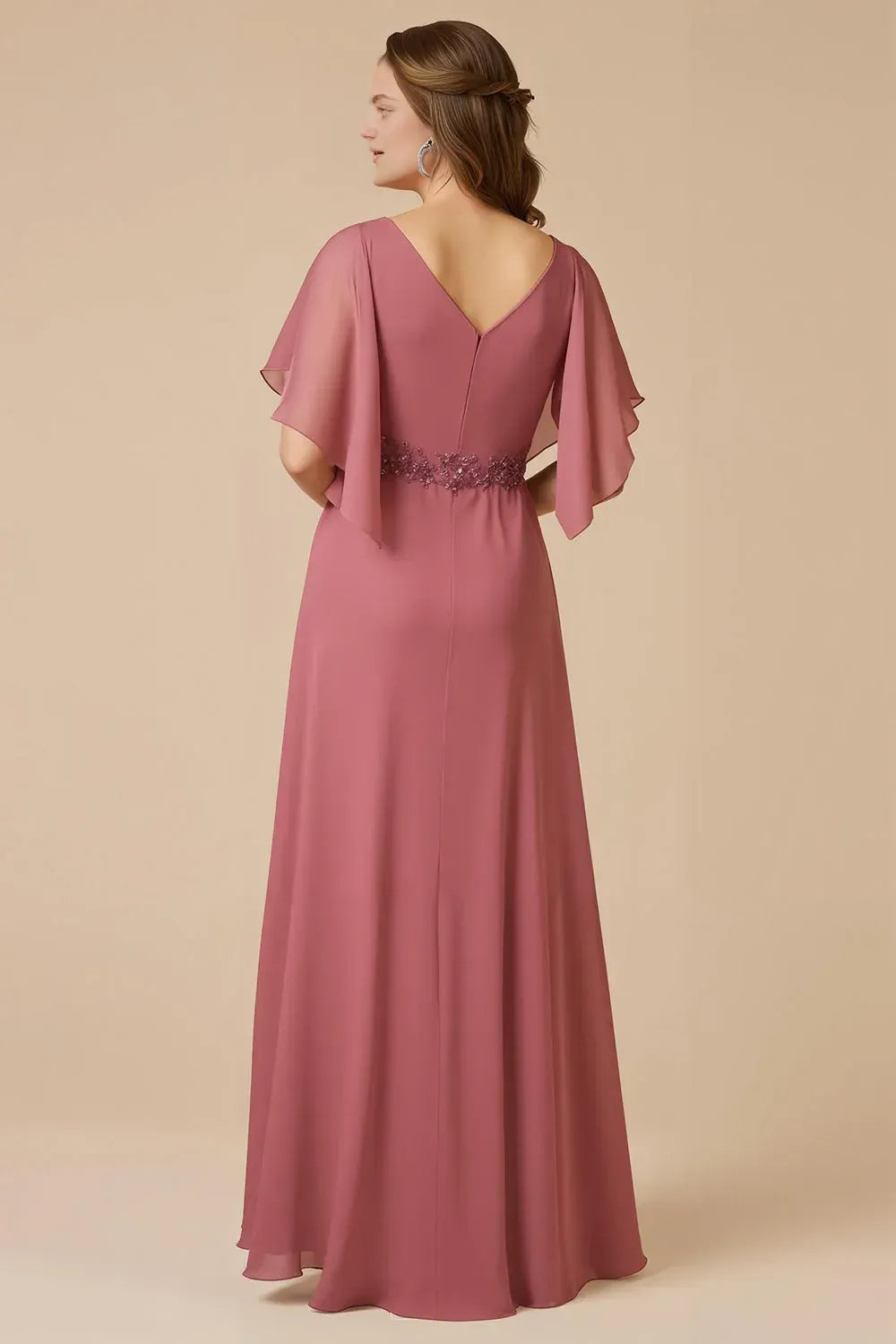 Fashion A Line Flutter Sleeve V Neck Chiffon Appliques Floor-Length Mother Of The Bride Dress