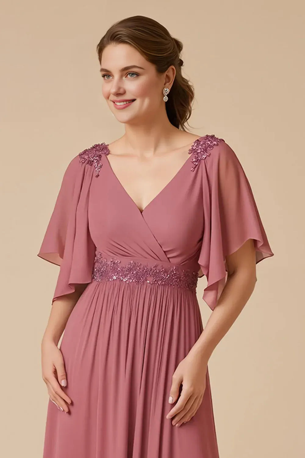 Fashion A Line Flutter Sleeve V Neck Chiffon Appliques Floor-Length Mother Of The Bride Dress