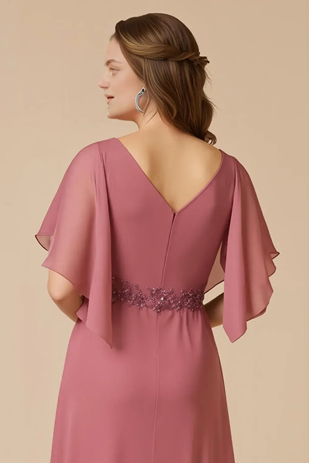 Fashion A Line Flutter Sleeve V Neck Chiffon Appliques Floor-Length Mother Of The Bride Dress