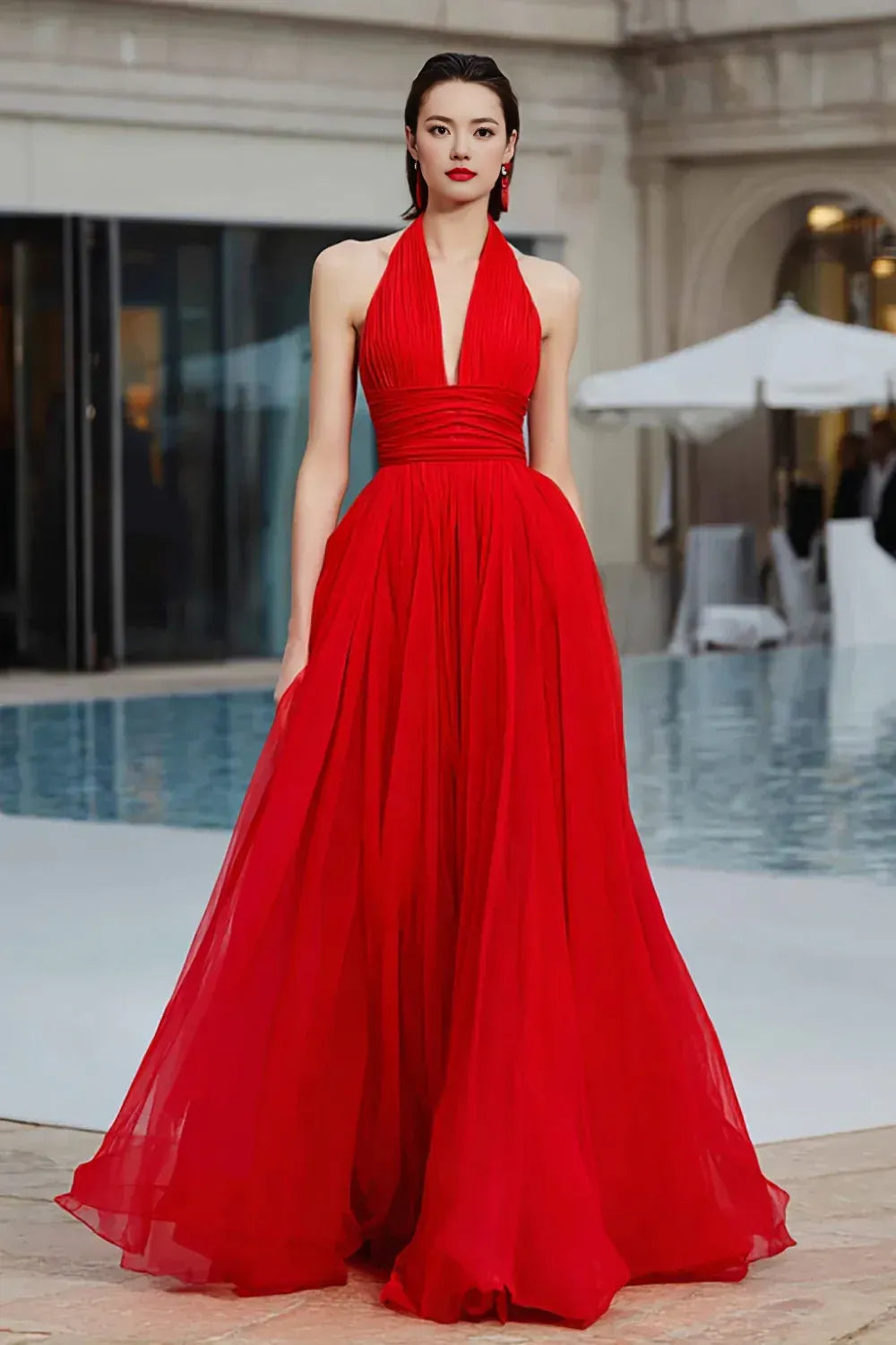 Fashion A Line Halter Neck Sleeveless Tulle Ruched Floor-Length Prom Dress