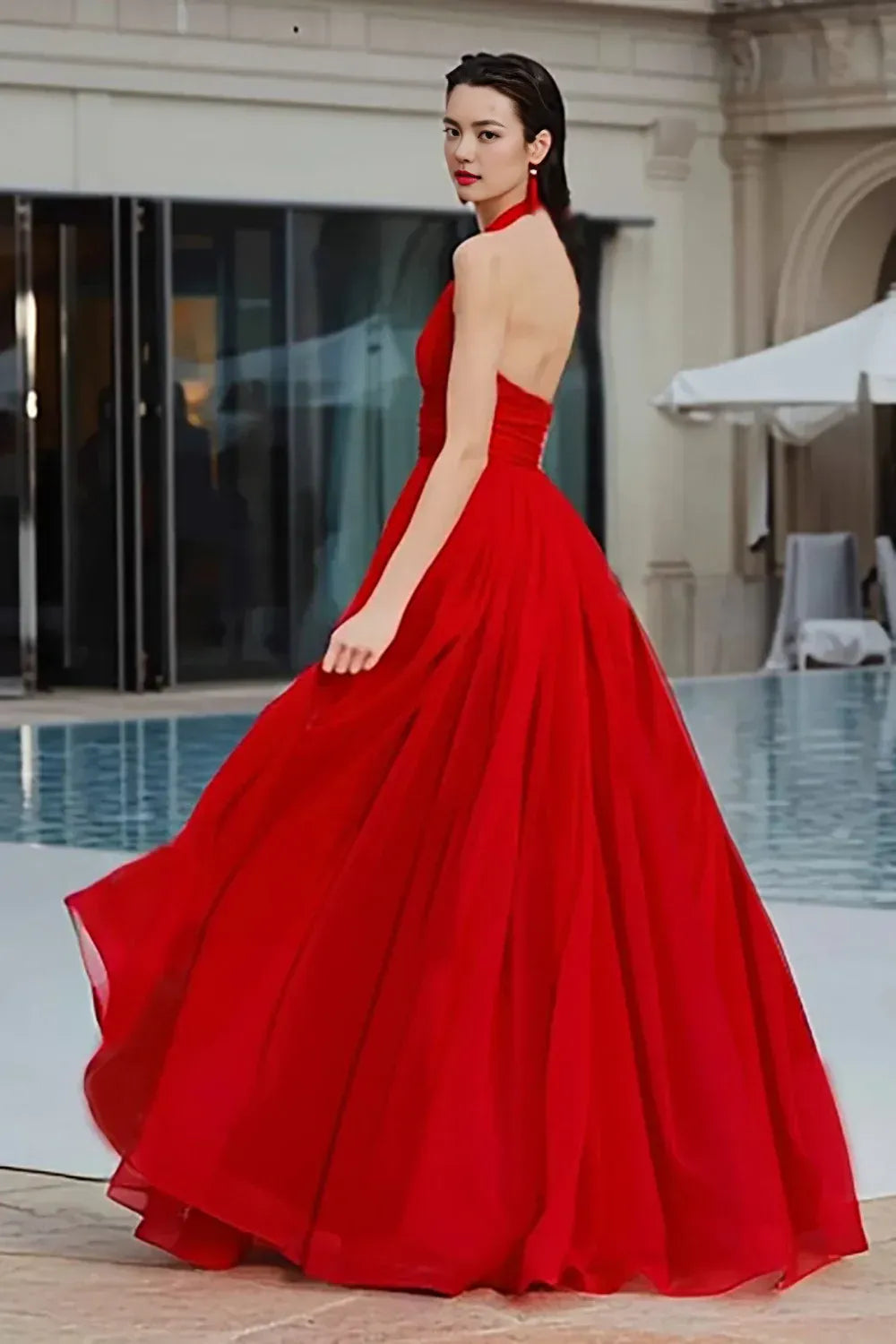 Fashion A Line Halter Neck Sleeveless Tulle Ruched Floor-Length Prom Dress