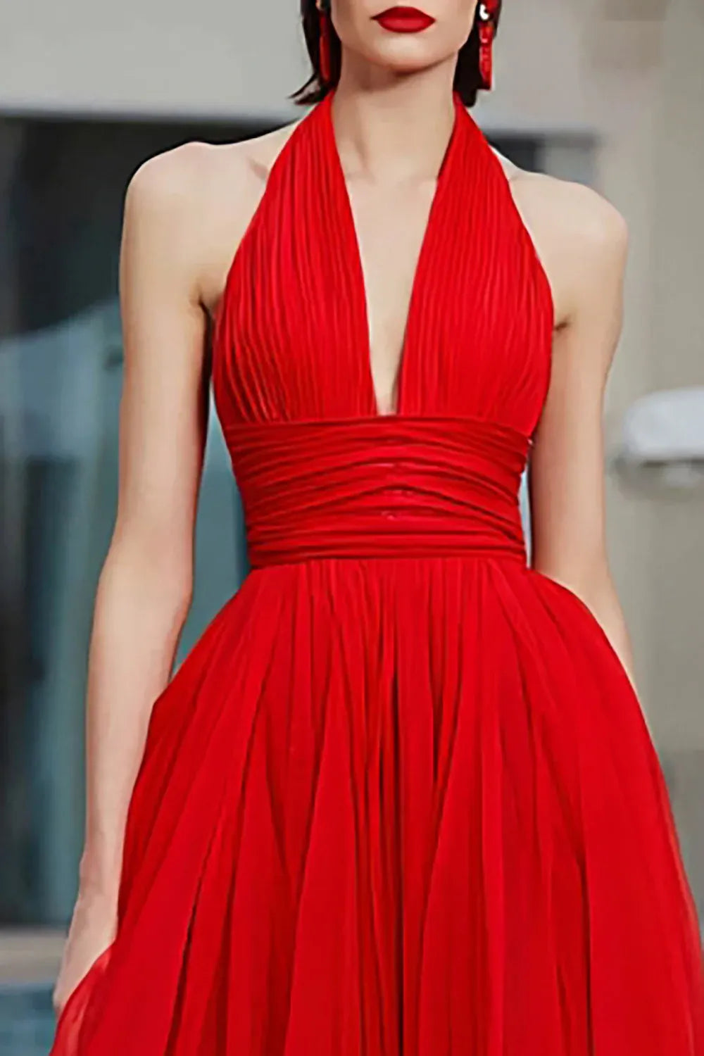 Fashion A Line Halter Neck Sleeveless Tulle Ruched Floor-Length Prom Dress