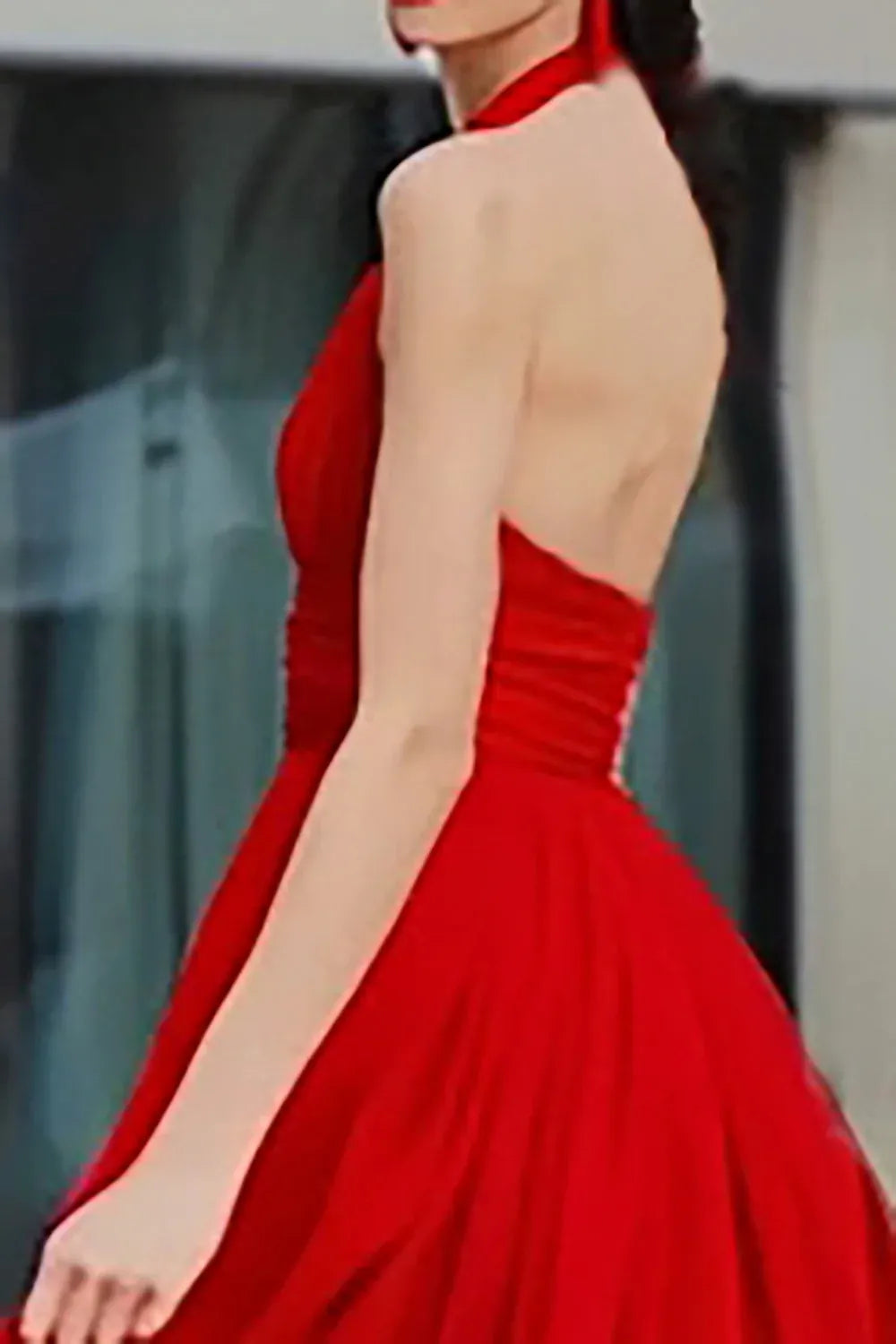 Fashion A Line Halter Neck Sleeveless Tulle Ruched Floor-Length Prom Dress