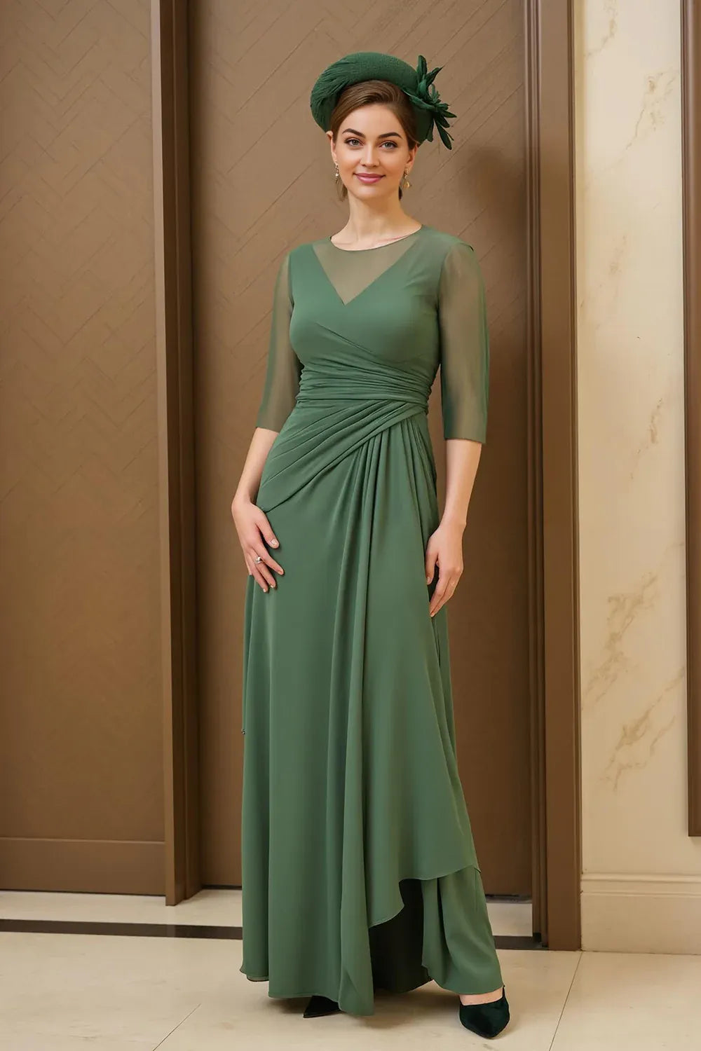 Fashion A Line Scoop Neck Long Sleeve Back Zip Floor-Length Mother of the Bride Dress