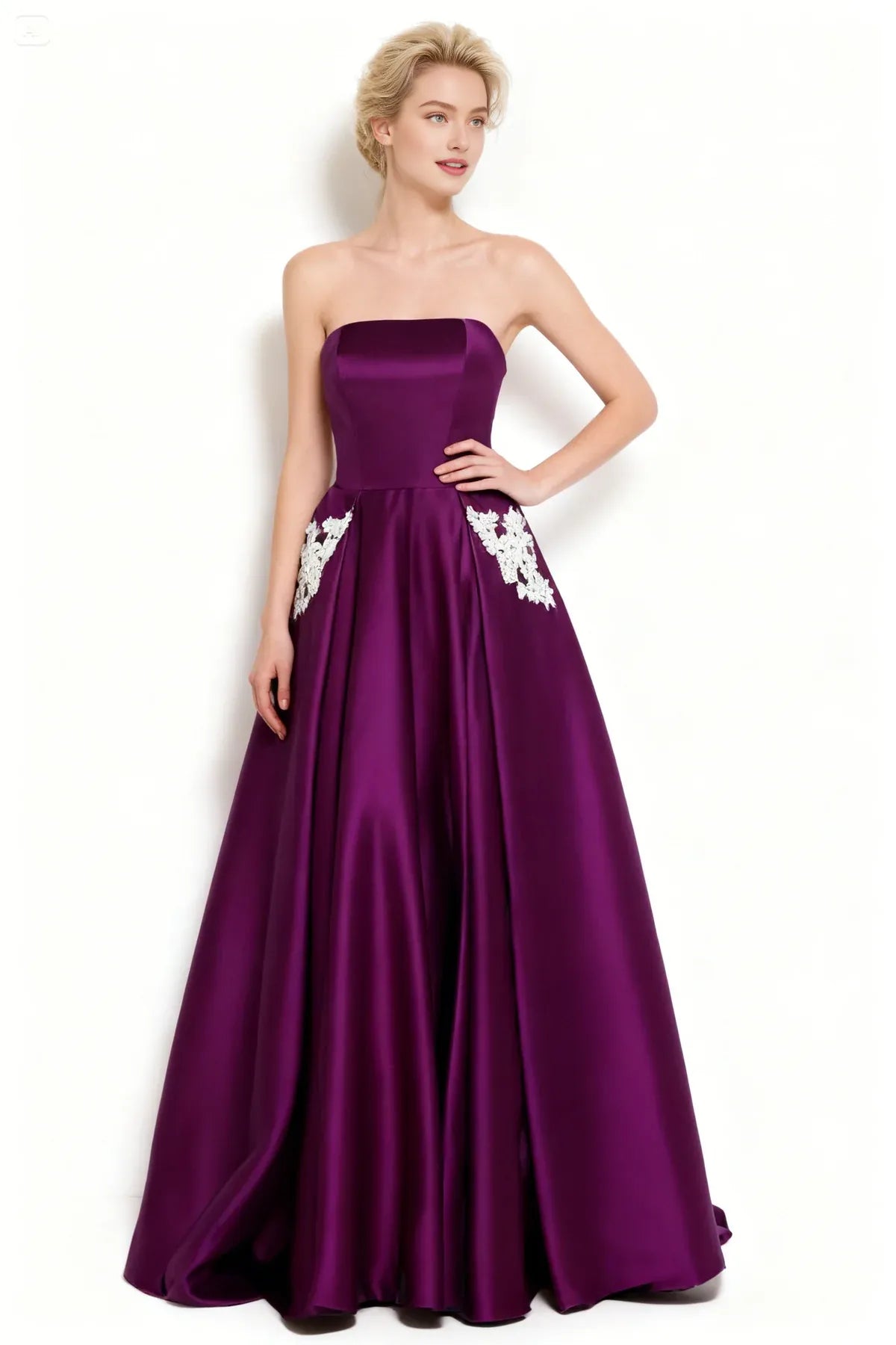 Fashion A Line Strapless Sleeveless Satin Floor-Length Prom Dress