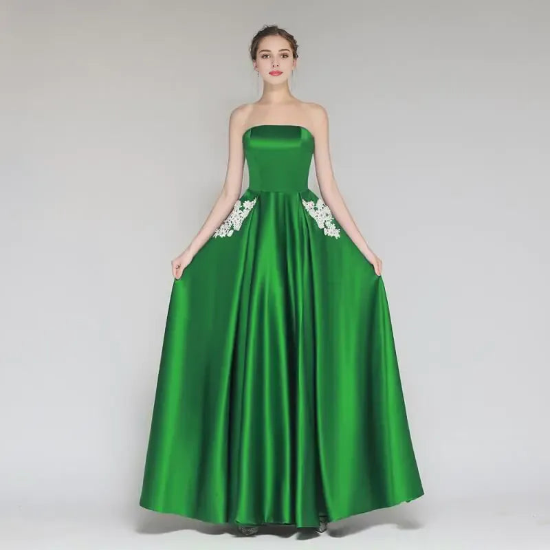 Fashion A Line Strapless Sleeveless Satin Floor-Length Prom Dress