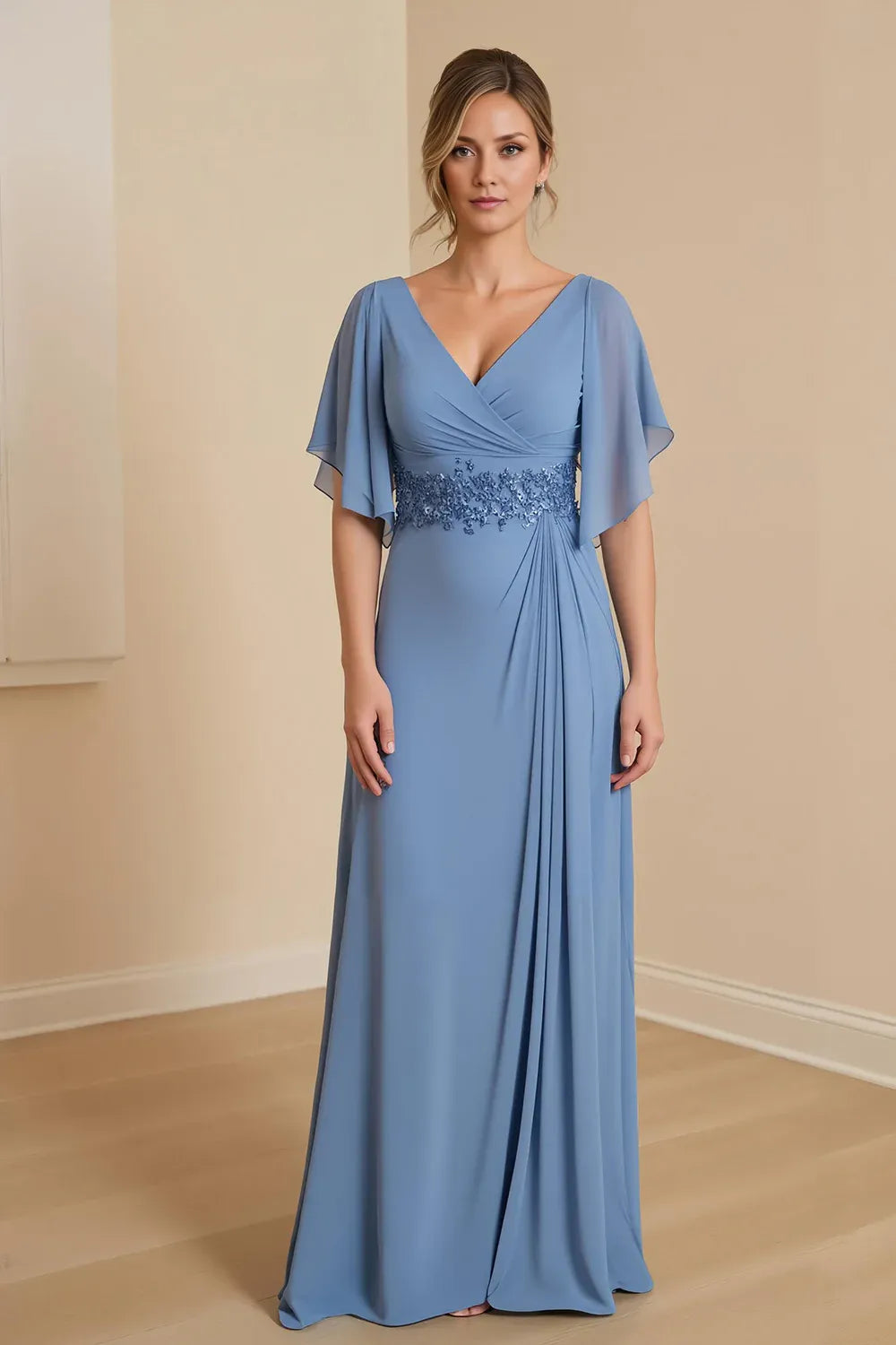 Fashion A Line V-Neck Flutter Sleeve Zipper Up Floor-Length Mother of the Bride Dress