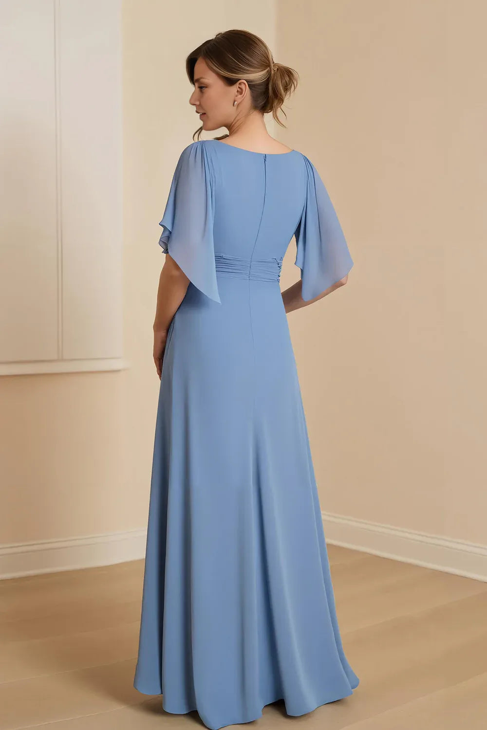 Fashion A Line V-Neck Flutter Sleeve Zipper Up Floor-Length Mother of the Bride Dress