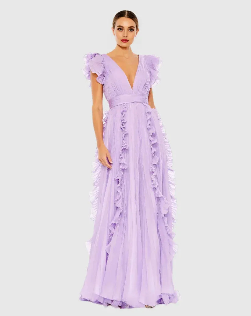 Fashion A Line V Neck Cap Sleeve V Back Sweep/Brush Train Prom Dress