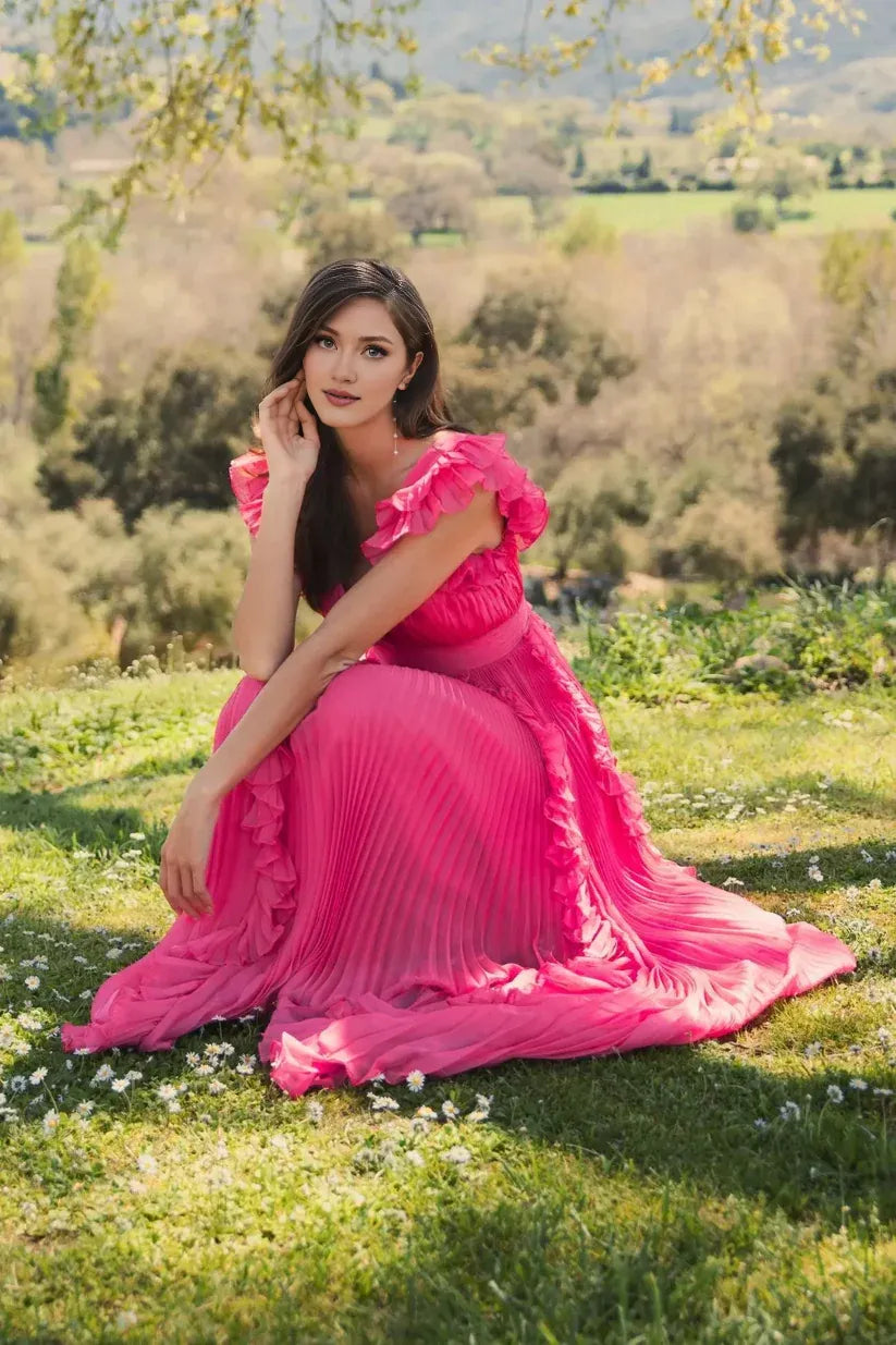 Fashion A Line V Neck Cap Sleeve V Back Sweep/Brush Train Prom Dress