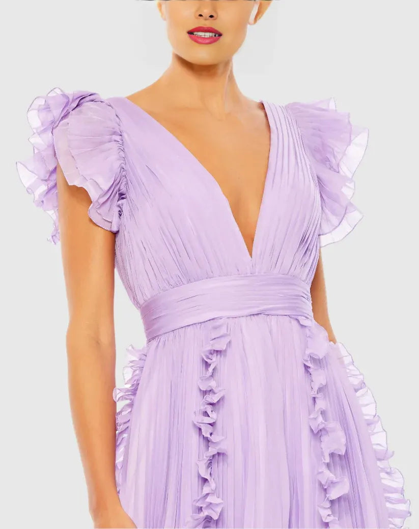 Fashion A Line V Neck Cap Sleeve V Back Sweep/Brush Train Prom Dress