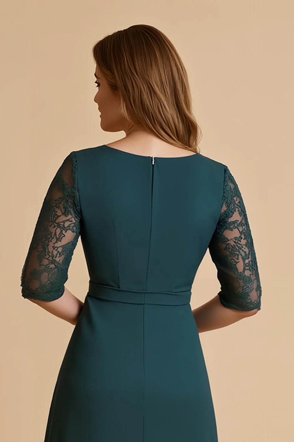 Fashion A Line V Neck Lace Sleeve Back Zip Tea-Length Mother of the Bride Dress