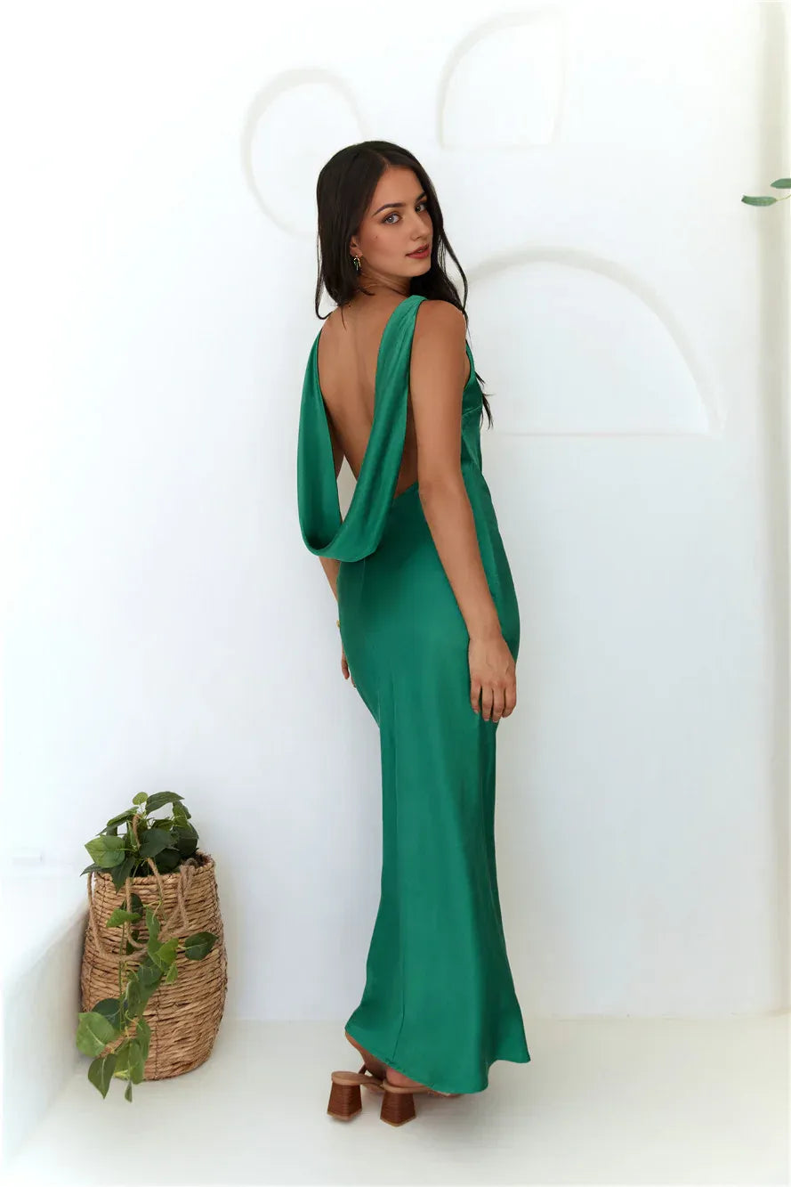 Fashion Boat Neck Low Open Back Pleated Floor-Length Dress Emerald Mermaid Sleeveless Solid Color Prom Dress