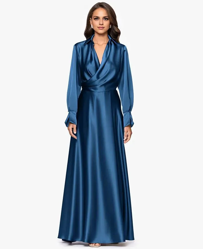 Fashion Column Collared Neck Long Sleeve Pleated Satin Floor-Length Prom Dress