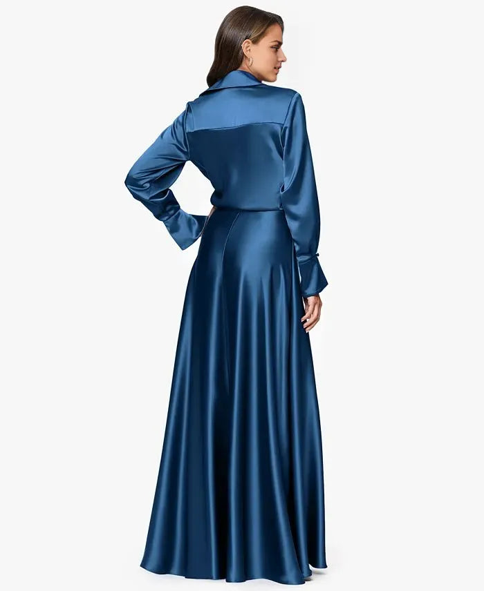 Fashion Column Collared Neck Long Sleeve Pleated Satin Floor-Length Prom Dress