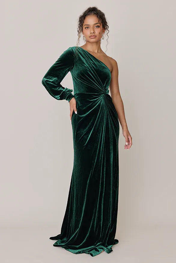 Fashion Fitted Asymmetrical Neck Sleeveless Velvet Floor-Length Prom Dress
