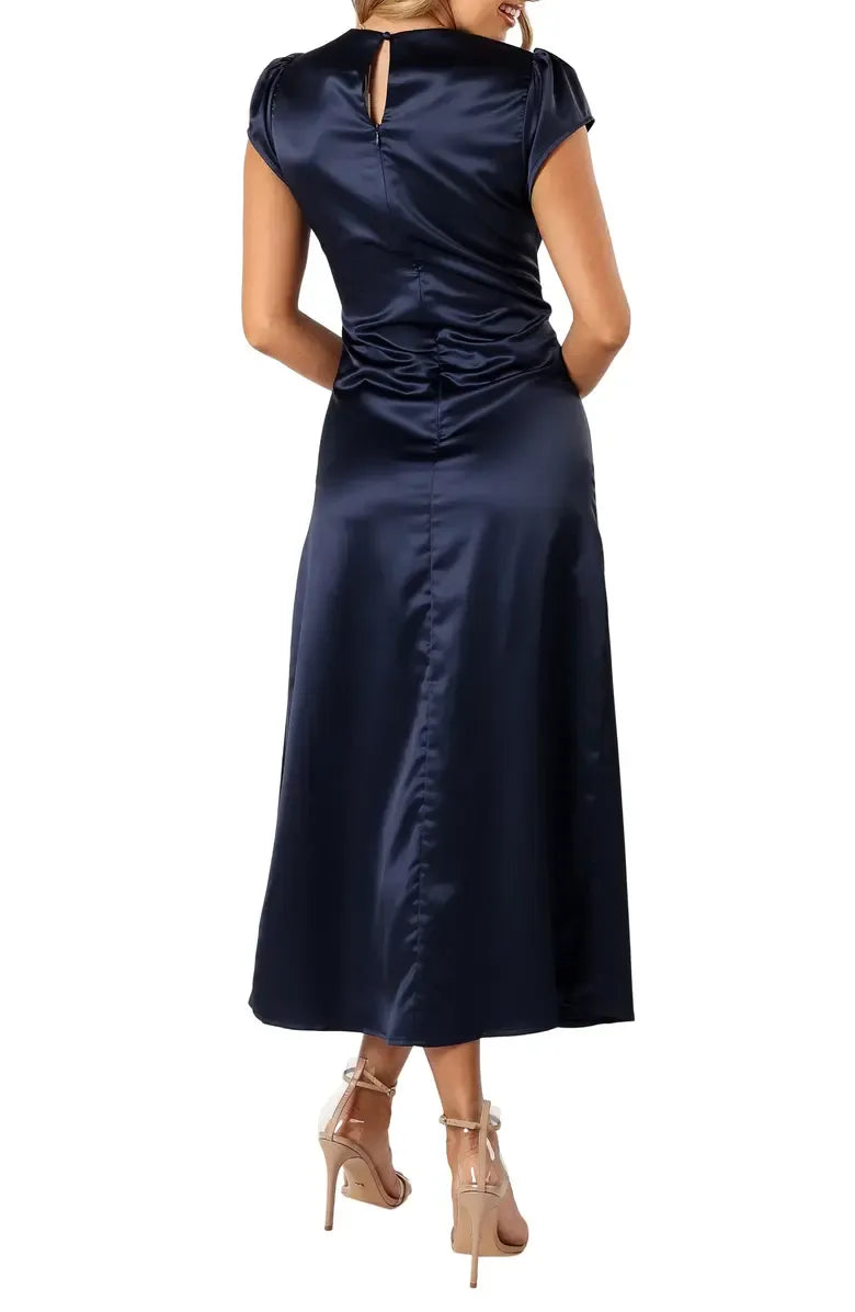 Fashion Fitted High Neck Short Sleeve Satin Ankle-Length Prom Dress